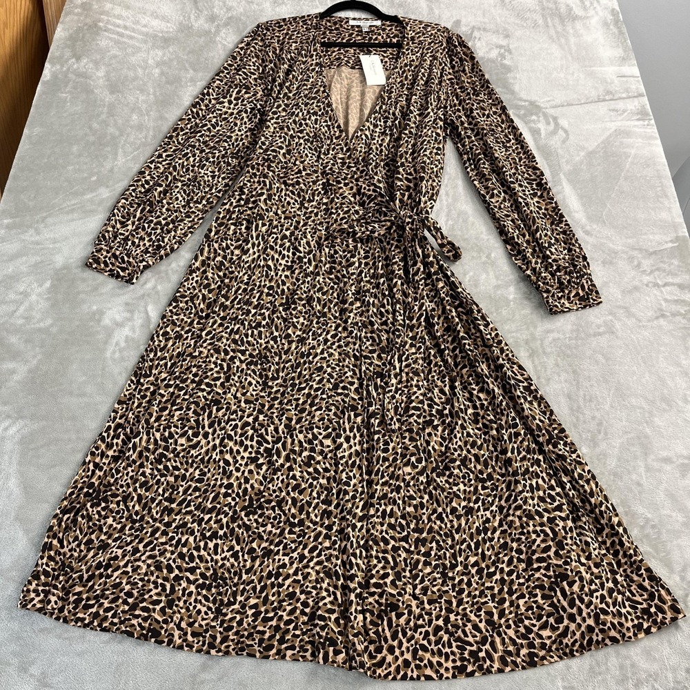 L.K. Bennett Dress Womens 12 Brown Leopard DR Daisy Wrap Midi Long Sleeve Belted